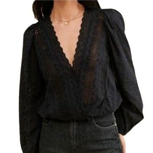 Love the label Anthropologie Black V-Neck Eyelet Cotton Long Sleeve Blou…